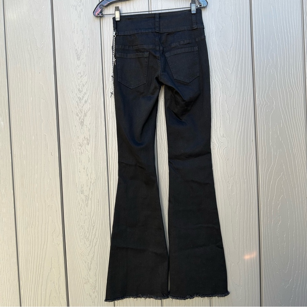 Hot Topic Black Cross Patch Side Chain Flare Pants Sz 3 Low Rise Gothic Stretch - Picture 3 of 16